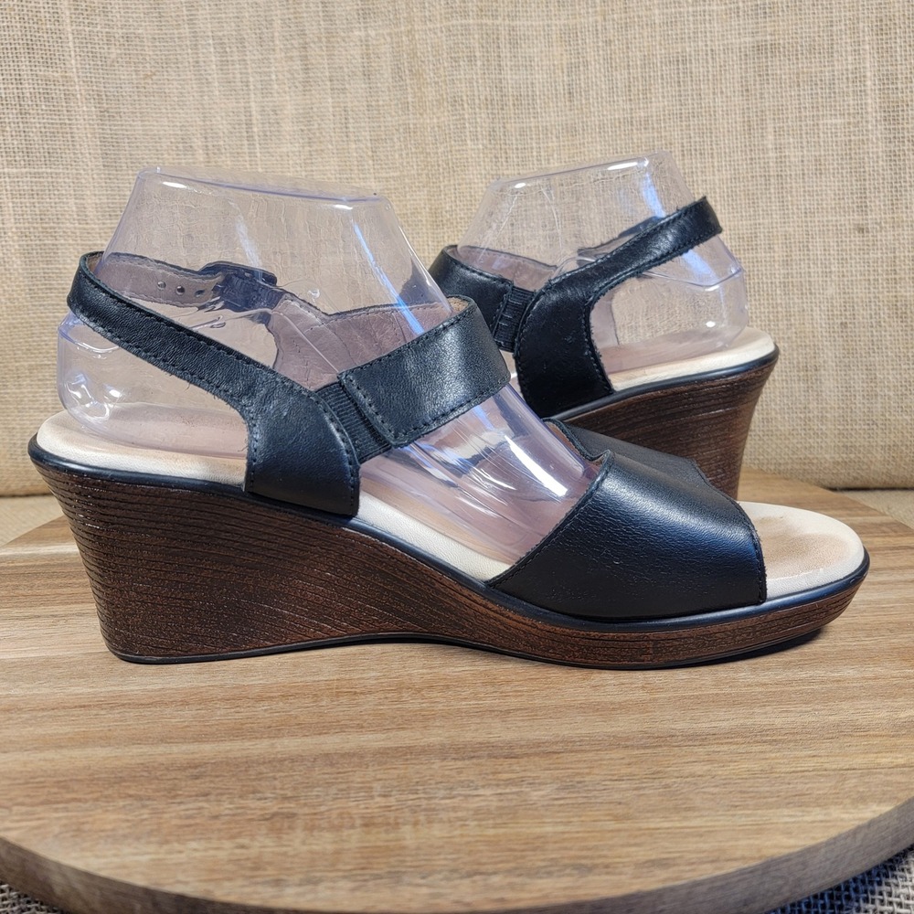 SAS Leather Wedge Heel Sandals Black Ankle Strap Comfort Shoes Women's 9W Wide - Picture 6 of 8